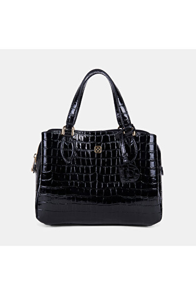 Desa Women's Black D Logo Crocodile Printed Patent Leather Handbag