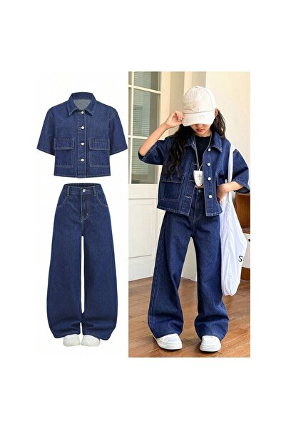 OEM Set de două piese, cămașă lejeră din denim albastru închis, cu buzunar, p...