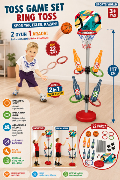 Binbirreyon Ayaklı Basketbol Potası ve Halka Atma Oyun Seti 117cm 26 Parça PC460