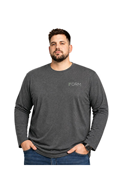 BattalModa Erkek Büyük Beden Antrasit Form Baskılı Uzun Kollu Tişört 3XL-4XL-...