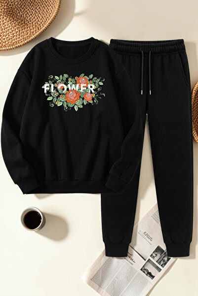 uyguntarz Unisex Flowers Design Printed Crew Neck Sweatshirt - 2-Piece Tracks...