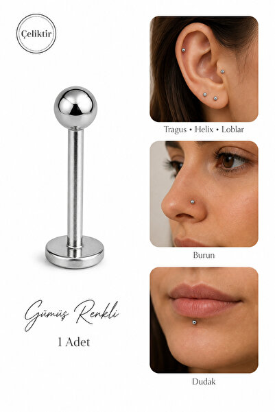 moonzy - minimalist & cozy 316L Çelik Top Uçlu Düz Arkalı Labret Piercing Tra...