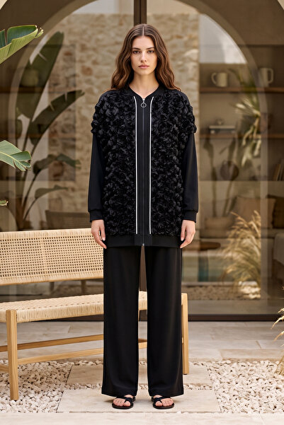 Lale Butik Rose Detailed Zippered Jacket Pants Description 6150 Black