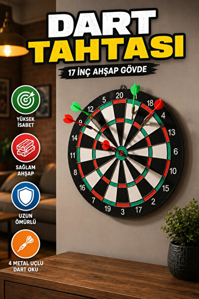 canrodi 17 Inch Wooden Dart Board Set – Wall-Mounted with 4 Metal Tip Darts