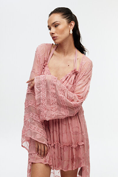 merrez Şifon Dantel Detaylı Uzun Kimono - Pembe