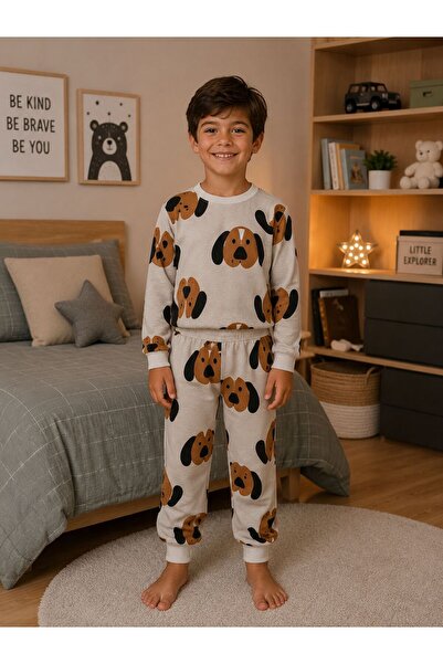 paytak kids Erkek Çocuk Pamuklu Kumaş Bej Renk Köpek Desenli Uzun Kollu Mevsi...