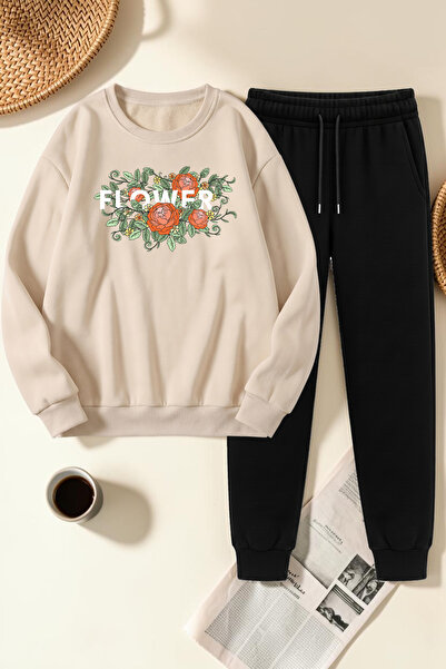 uyguntarz Unisex Flowers Design Printed Crew Neck Sweatshirt - 2-Piece Tracks...
