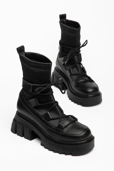 Dubais Shoes Black Leather Thick Soled Lace-Up Women's Boots