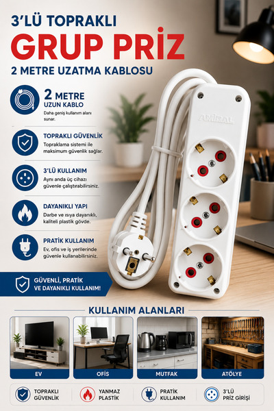 3lü Topraklı Grup Priz - 2 Metre - AMİRAL
