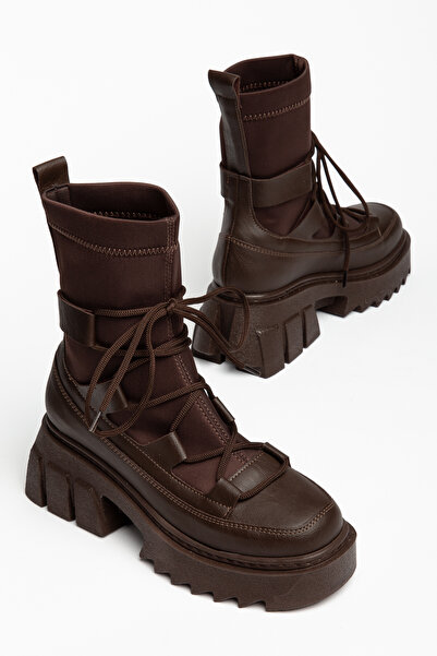 Dubais Shoes Γυναικείες μπότες με χοντρή σόλα με κορδόνια Bitter Brown