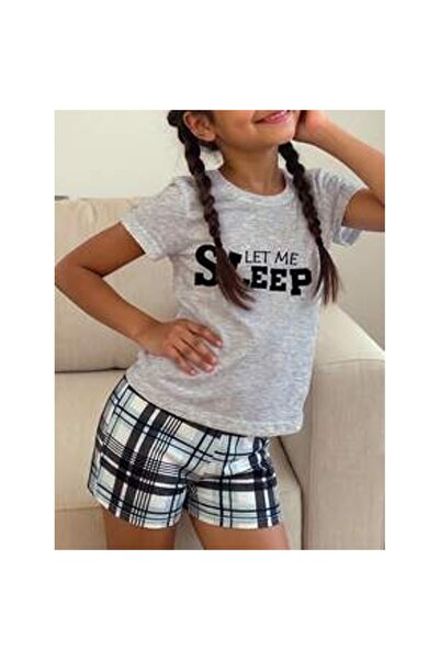 OEM Pijamale pentru fete Tween, cu tricou și pantaloni scurți în carouri, gri...