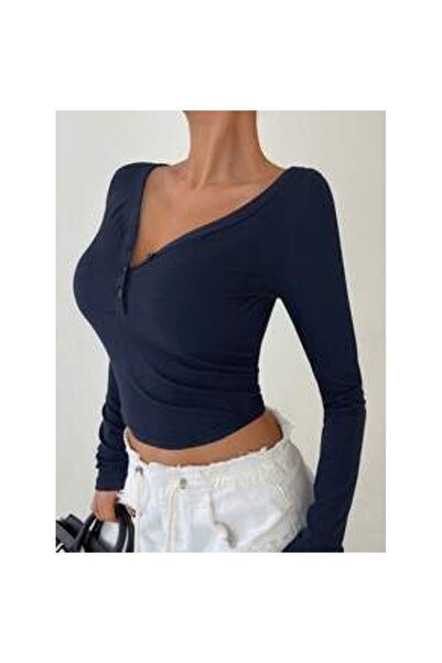 OEM Tricou cu mânecă lungă, croială slim, cu decolteu în V și tiv curbat, cu ...