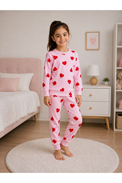 paytak kids Kız Çocuk Pembe Kalp desenli pamuklu mevsimlik uzun kollu pijama ...