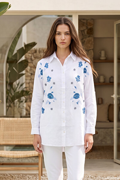 Lale Butik قميص بتفاصيل التطريز والترتر 17382 أبيض03