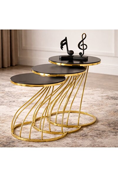QUATTRO HOME Kobra Model Yuvarlak Cam Zigon Sehpa Seti – Metal Ayaklı - Gold