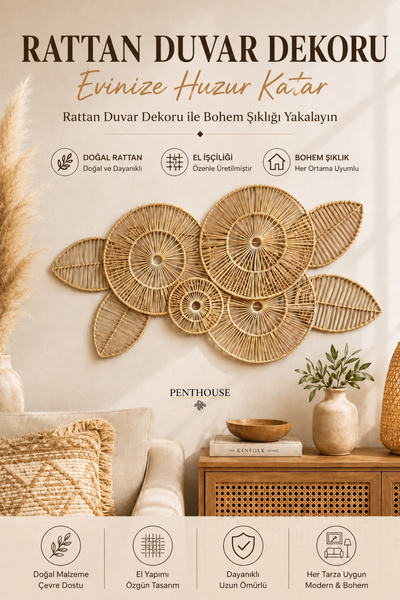 Penthouse Rattan Duvar Dekoru 90x47 cm Bohem Dekoratif Duvar Süsü Salon Antre...