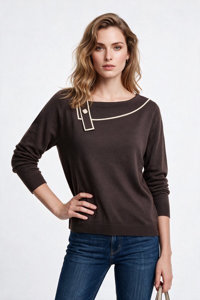 on Women's Boat Neck Asymmetrical Detailed Long Sleeve Knitted Sweater 27Kon1...