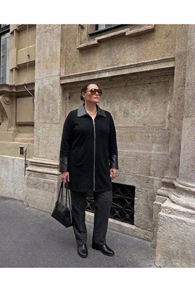 onno style women معطف تريكو منسوج من الفولاذ مع ياقة وأكمام من الجلد