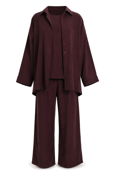 Lovelyİstanbul 3-Piece Shirt Blouse Trousers Gabardine Set Lby0071 Mürdüm