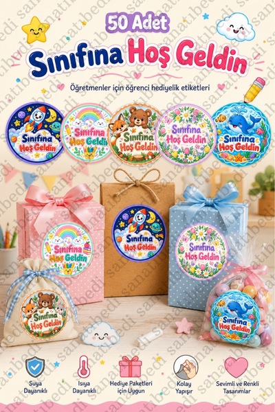 sanatıbedi 50 Adet Sınıfına Hoş Geldin Etiketi 3x3 cm Sticker | Hediye Paketl...