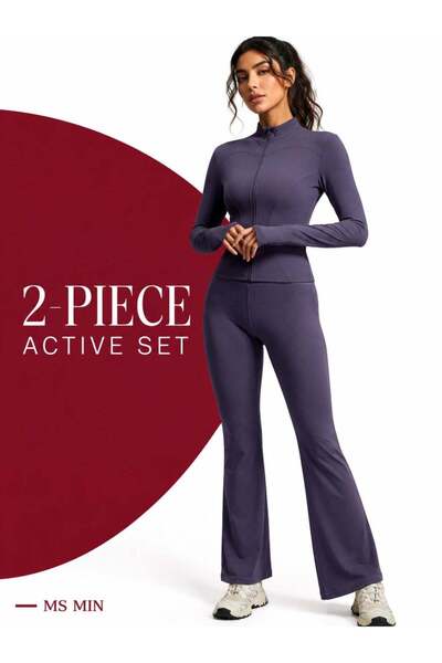 ms min Women's 2-Piece Eggplant Purple Yoga Set, Stand Collar Zip-Up Jacket &...