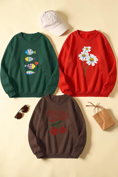 uyguntarz Unisex Mixed Printed Crew Neck Sweatshirt Set – Pack of 3