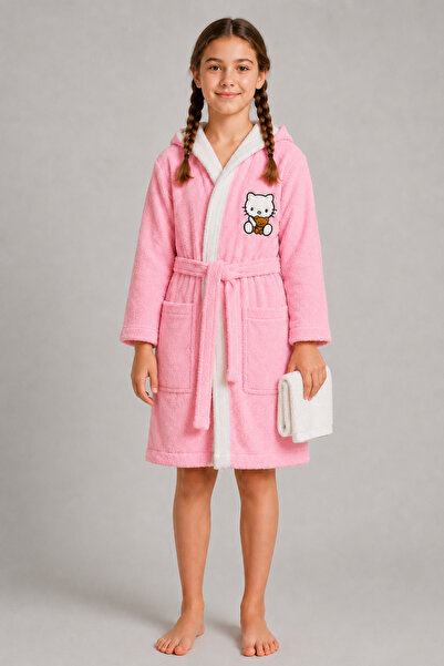 İQON Children's Hooded Bathrobe 100% Cotton – Hello Bby Pink (11-12 Years Old)