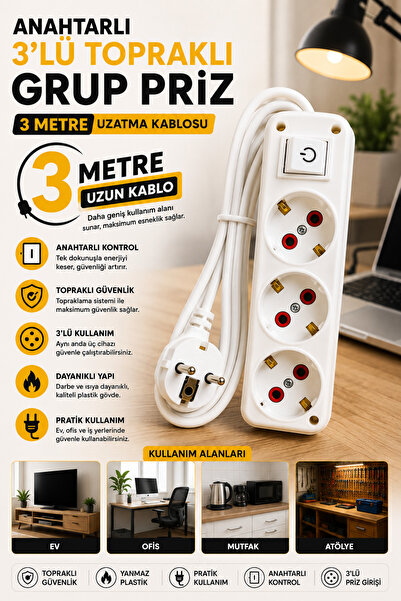 modalonga size ne lazım? Anahtarlı 3lü Topraklı Grup Priz - 3 Metre - AMİRAL