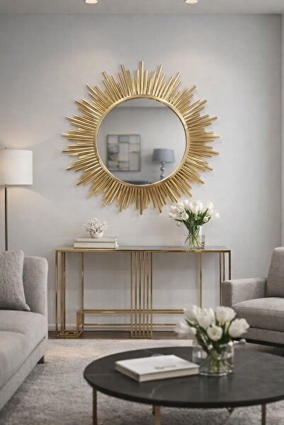 QUATTRO HOME Güneş Ayna 95 cm – Gold Metal Sunburst Duvar Aynası