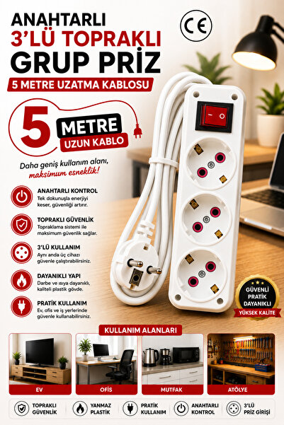 modalonga size ne lazım? Anahtarlı 3lü Topraklı Grup Priz - 5 Metre - ÖNDER