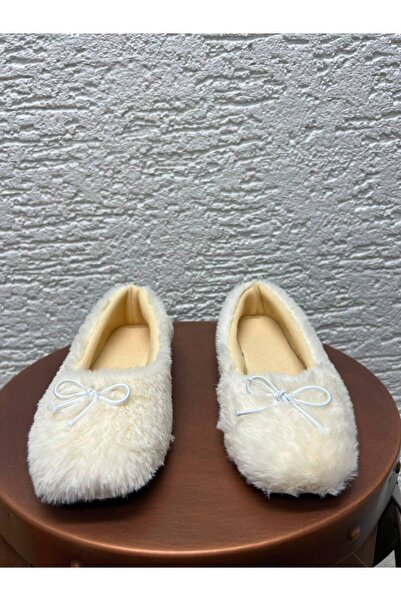 Beyond Women's Ecru Rabbit Hair Bow Daily Ballerinas 1 cm Byndtav01
