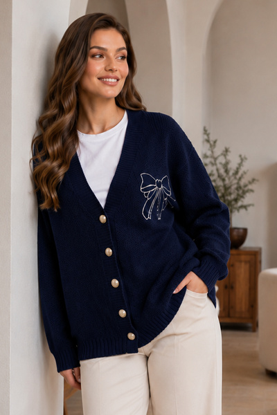 benguen Bowknot Embroidered Knitwear Cardigan N514 Navy Blue