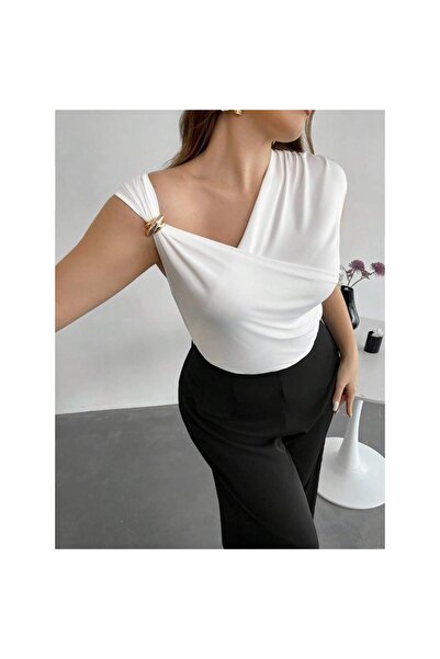 OEM Tricou elegant alb de vară pentru femei, cu mânecă scurtă, asimetric, cu ...