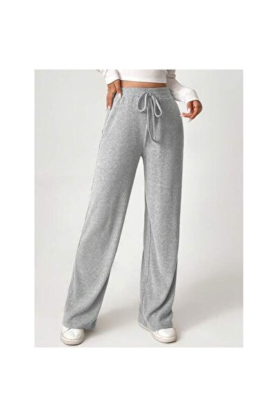 OEM Pantaloni largi, cu nod în față, din tricot cu nervuri, înalți