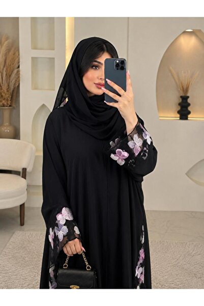 my abaya عباية نسائية سوداء فاخرة بتطريز فراشات ملونة وشال متناسق