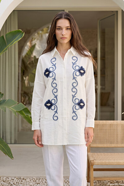 Lale Butik Embroidery and Sequin Detailed Shirt 17586 Ecru01