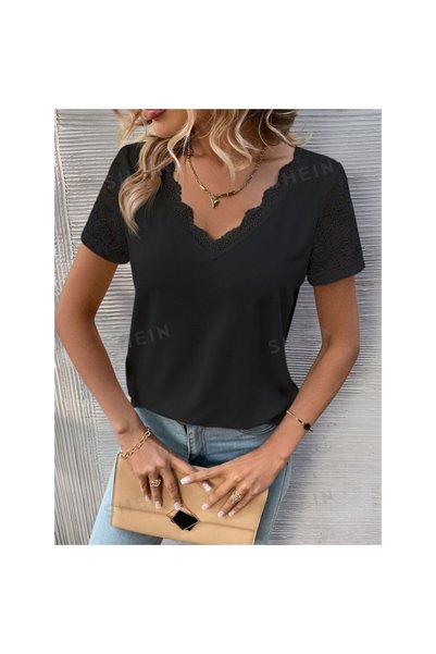 OEM Tricou cu dantelă contrastantă și bordură festonată