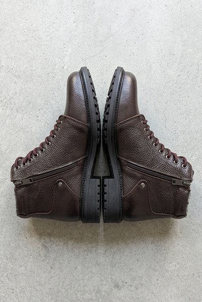 GRADA Brown Genuine Natural Leather Men's Boots with Lace-Up and Zipper Closure, Fur Plush Lining, Real Printed Leather Men's Winter Spring Boots