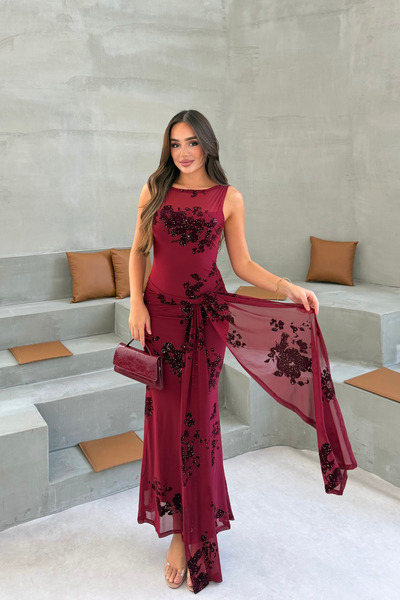 mielva Women's Burgundy Sim Embroidered Tulle Waist-Tied Sleeveless Long Even...