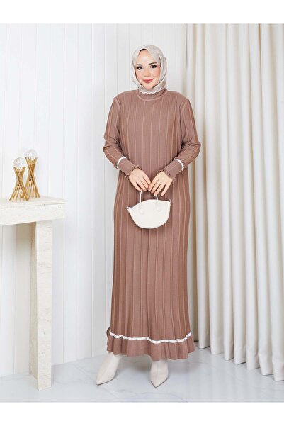 PAVENTİ White Stripe Stone Detailed Knitwear Dress Tan