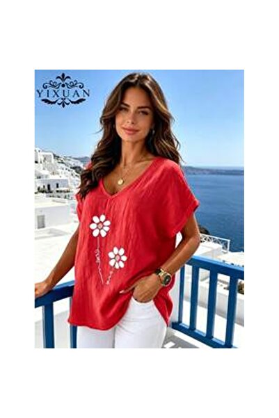 OEM Tricou damă cu imprimeu floral, decolteu în V, mâneci tip liliac, din mat...