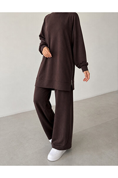 Lunsera Store Two Side Zipper Detail Raglan Sleeve Suit - Brown