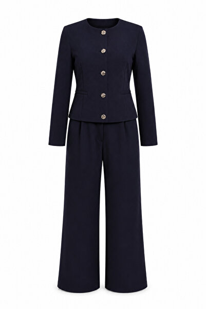 Lovelyİstanbul Gold Buttoned Woven Jacket-Pants Set Laz0014 Dark Blue
