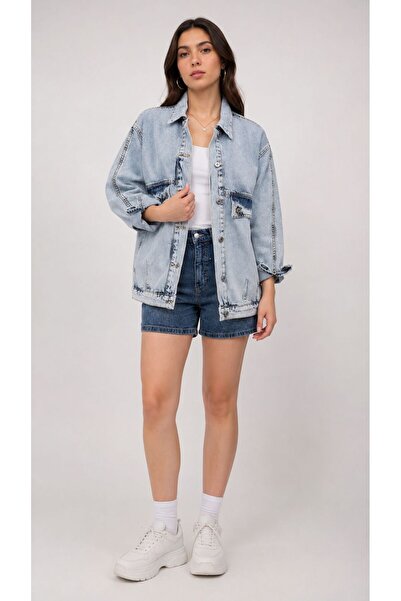 Genel Markalar Kadın Açık Mavi Oversize Denim Kot Ceket