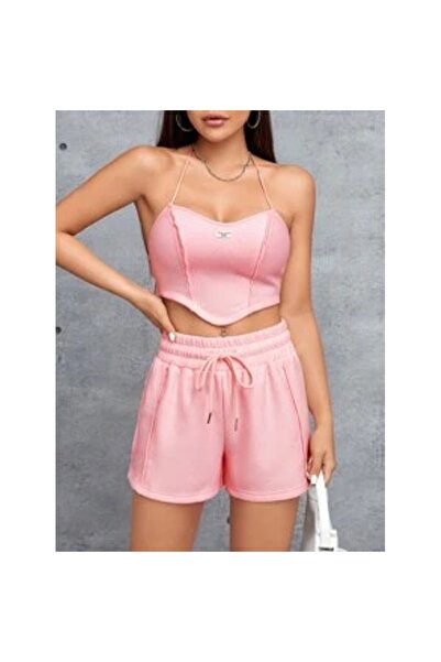 OEM Set de 2 piese pentru femei, top și pantaloni scurți, cu imprimeu halter