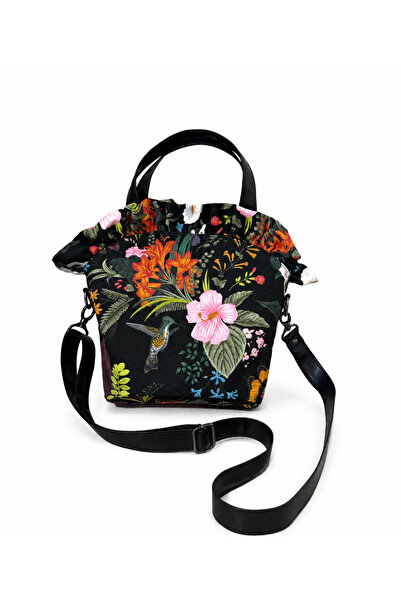 TALKING DREAMS Black Nature Patterned Ruffle Bag