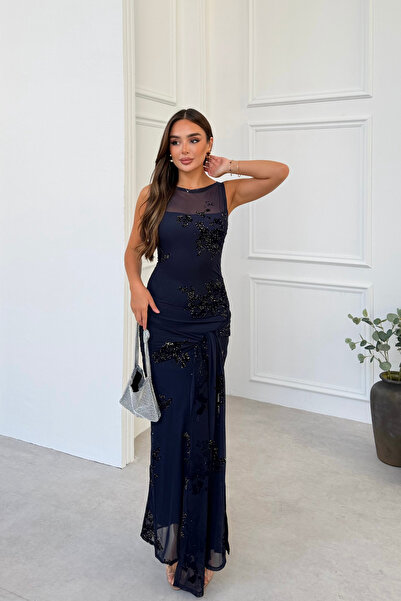 mielva Women's Navy Blue Sequin Embroidered Tulle Waist-Tied Sleeveless Long ...