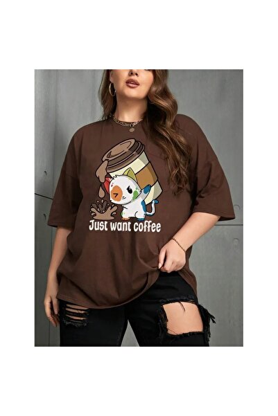 OEM Tricou casual supradimensionat din bumbac maro închis pentru femei