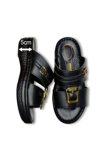 Chyfly Men Black 5CM Wedge Slide Slippers, Adjustable Buckle Massage Insole Non‑Slip Casual Outdoor Sandals