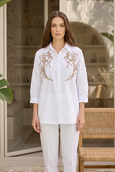 Lale Butik Cămașă supradimensionată cu broderie și detalii cu paiete 17402 Ec...